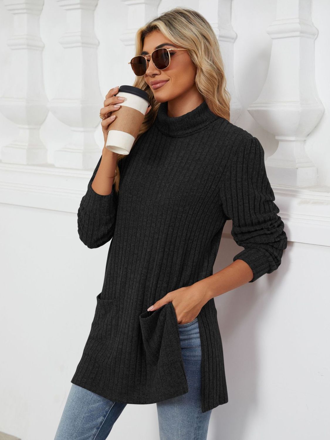 Slit Mock Neck Long Sleeve T-Shirt-Angel Casuals