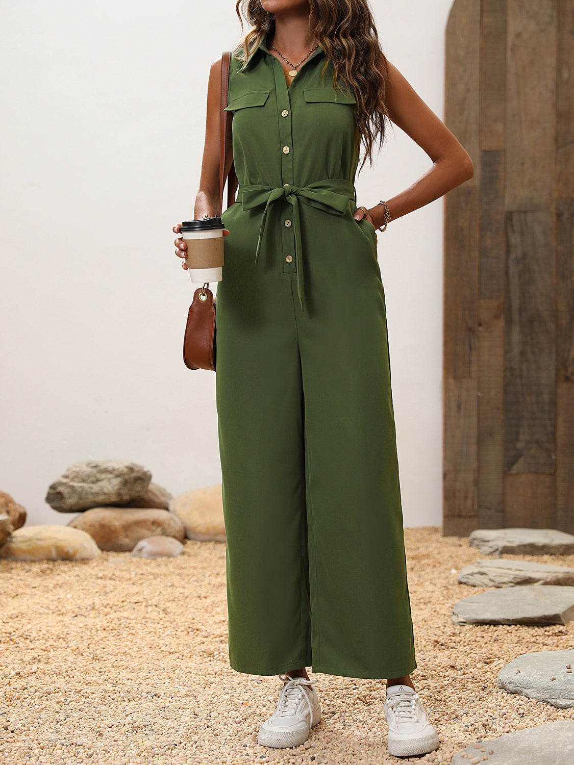 Tie Waist Sleeveless Wide Leg Jumpsuit-Angel Casuals