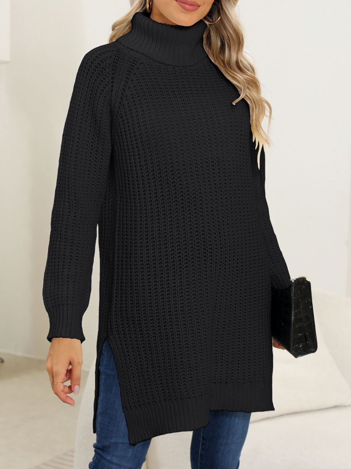 Slit Turtleneck Long Sleeve Sweater-Angel Casuals