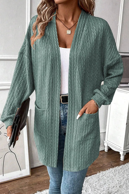 Textured Pocketed Open Front Long Sleeve Cover Up-Angel Casuals