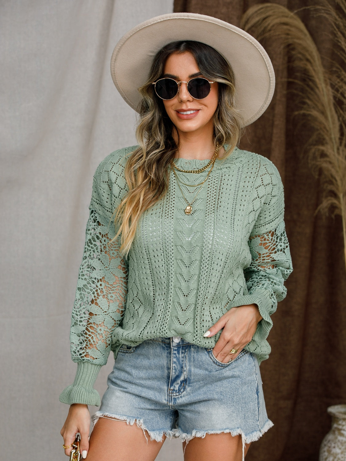 Eyelet Crochet Lantern Sleeve Sweater-Angel Casuals