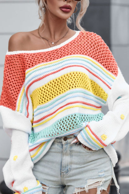 Hollow Striped Color Block Round Neck Sweater-Angel Casuals