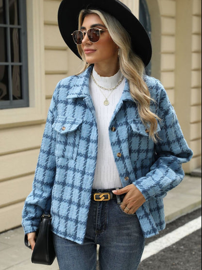 Plaid Collared Neck Long Sleeve Jacket-Angel Casuals