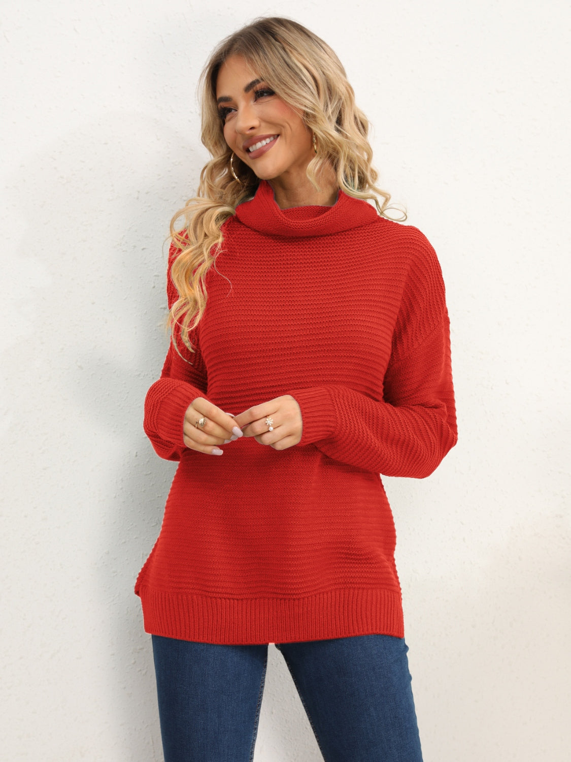 Slit Turtleneck Dropped Shoulder Sweater-Angel Casuals