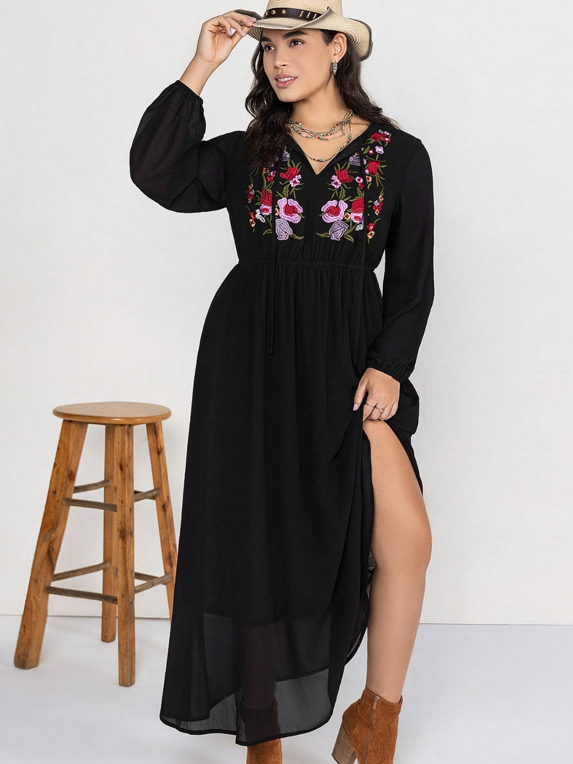 Plus Size Embroidered Tie Neck Long Sleeve Dress-Angel Casuals