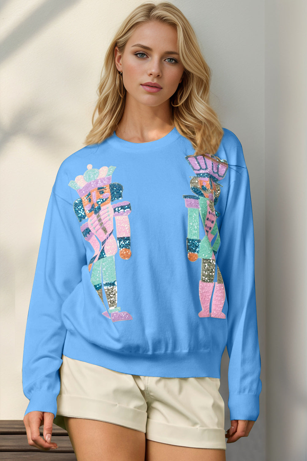 Double Take Full Size Sequin Nutcracker Long Sleeve Sweater-Angel Casuals