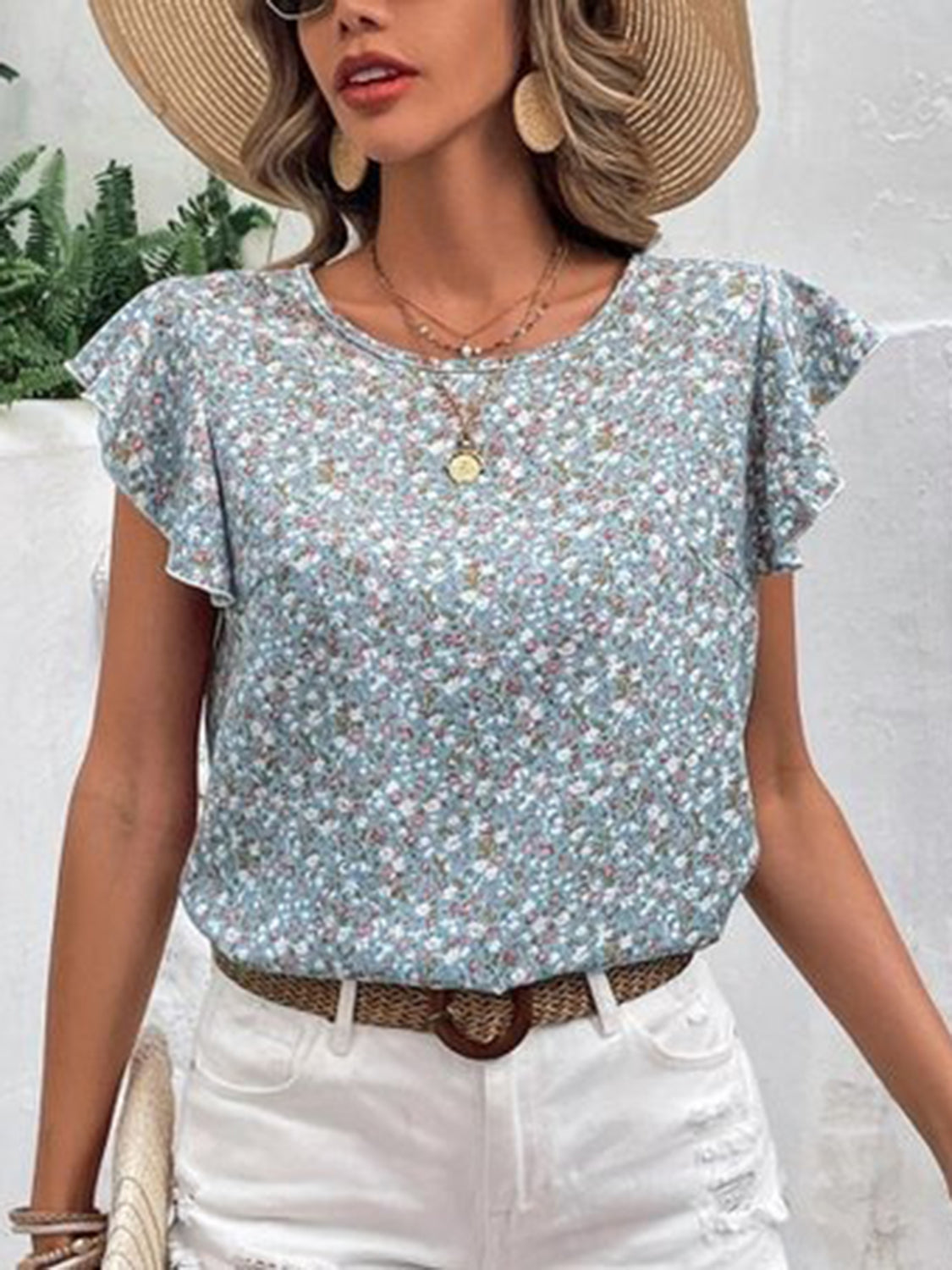 Ditsy Floral Round Neck Cap Sleeve Top-Angel Casuals