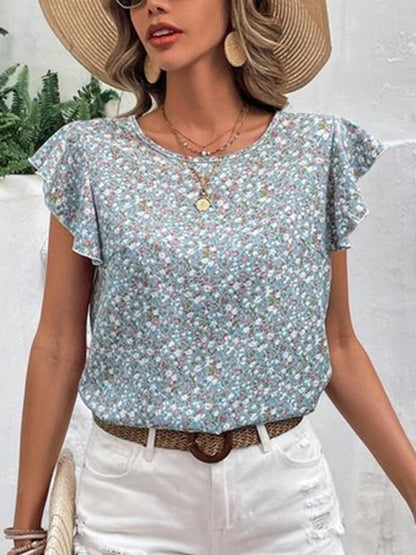 Ditsy Floral Round Neck Cap Sleeve Top-Angel Casuals
