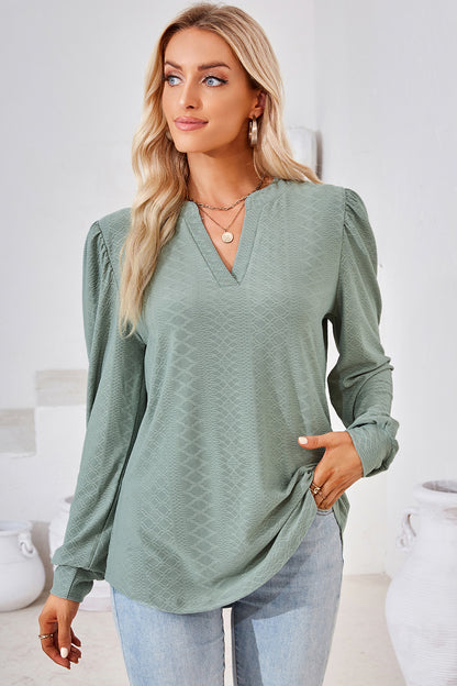 Ruched Notched Long Sleeve T-Shirt-Angel Casuals