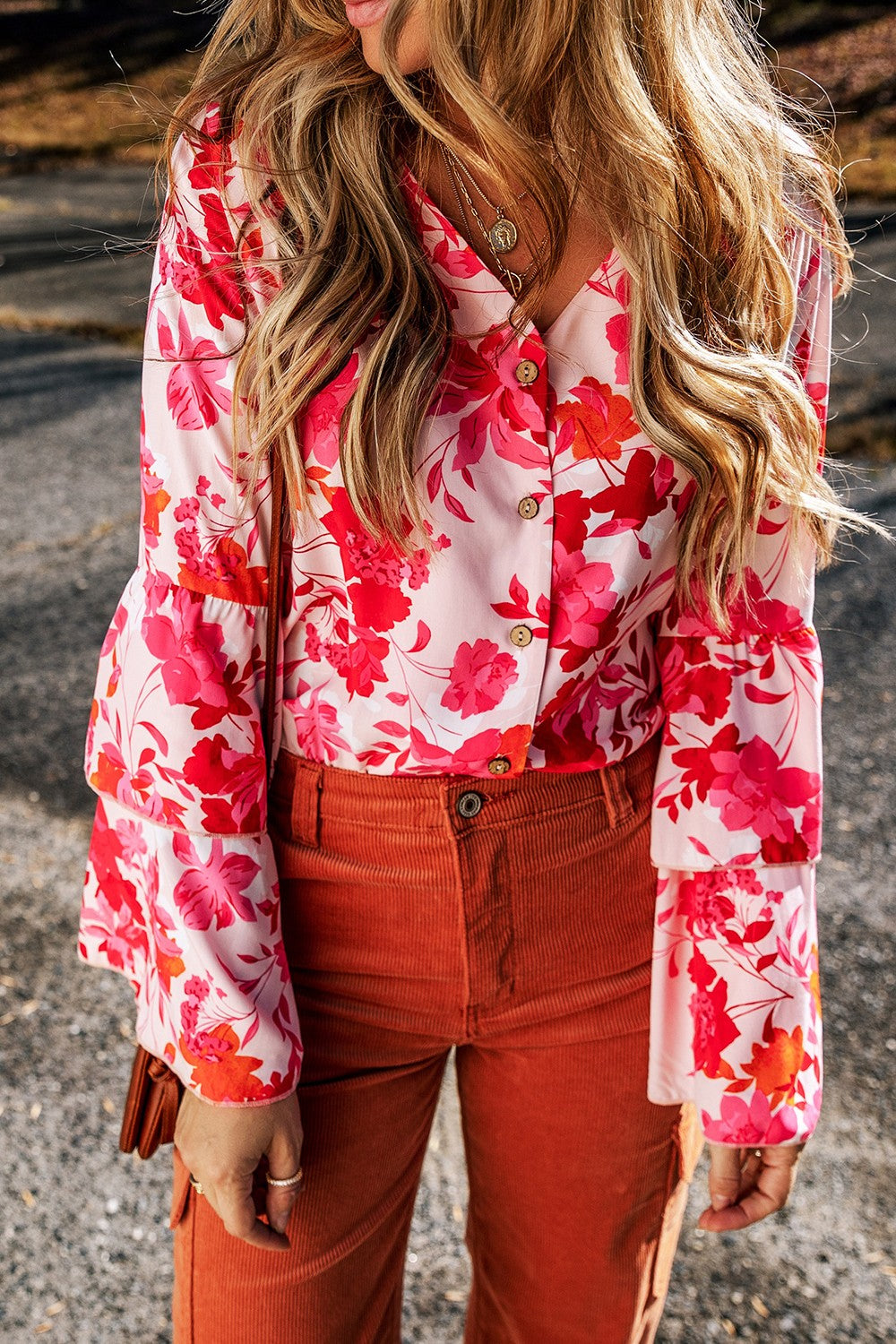 Floral Flare Sleeve Button Up V-Neck Bodysuit-Angel Casuals