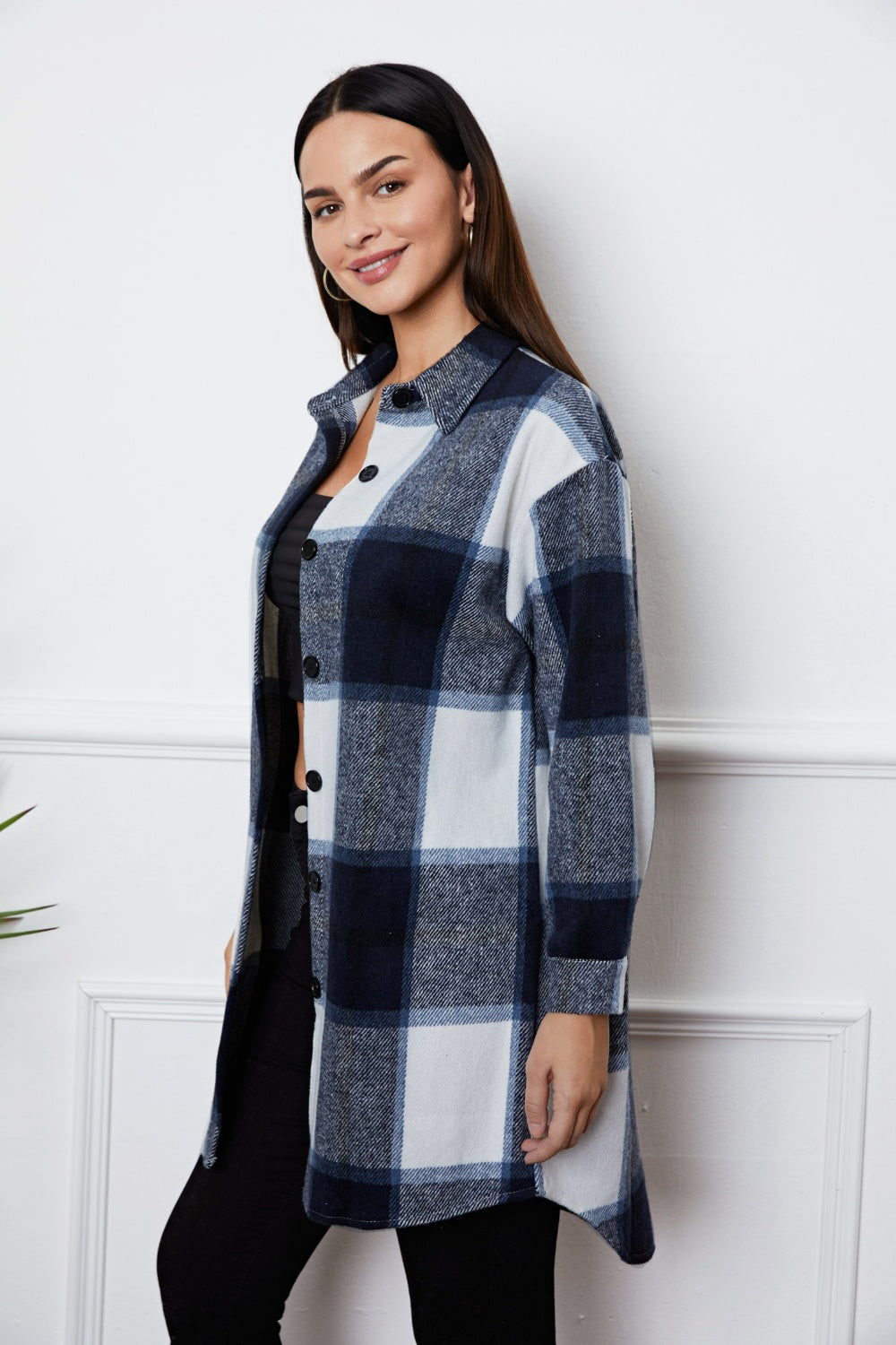 Plaid Button Up Collared Neck Outerwear-Angel Casuals