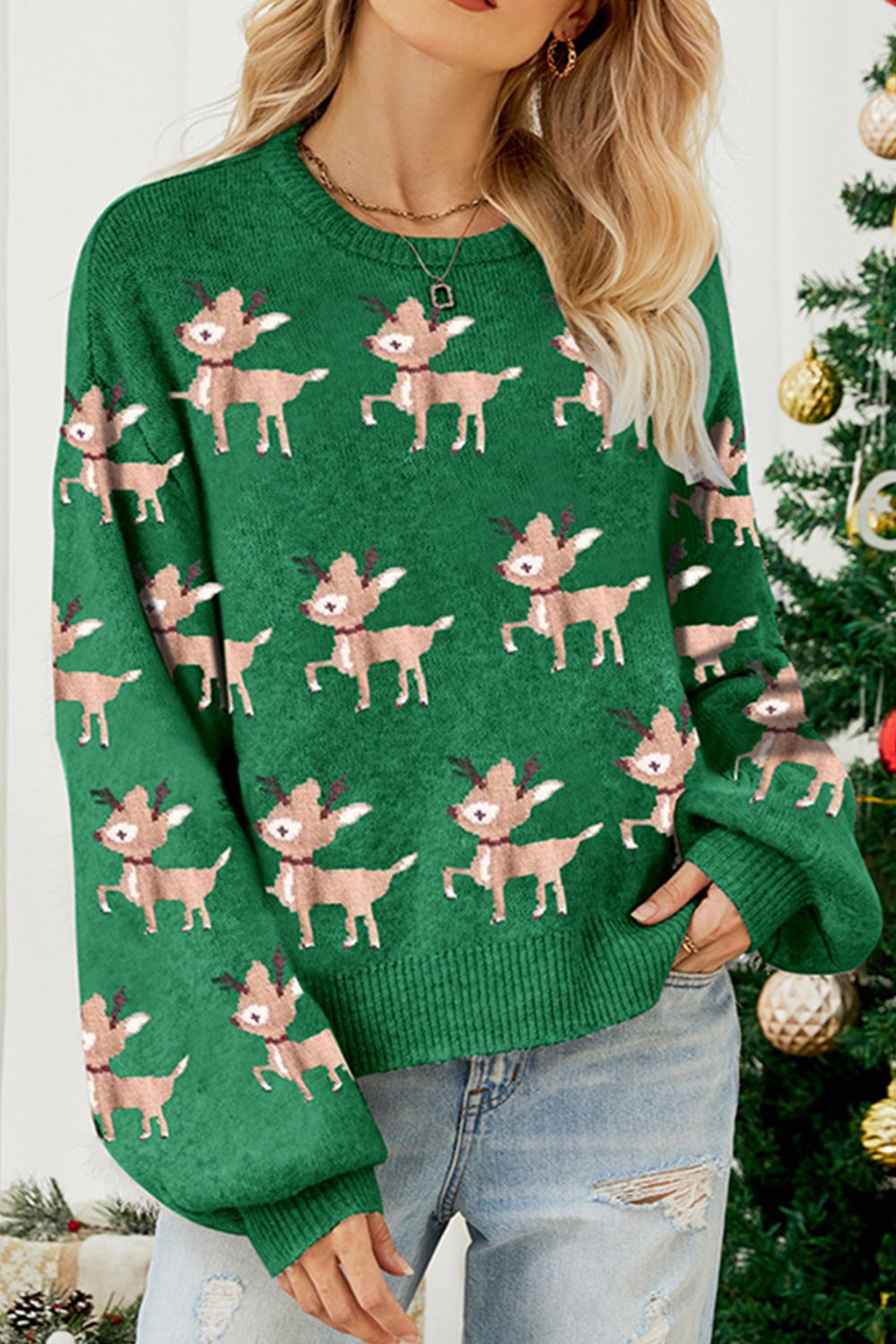 Reindeer Round Neck Drop Shoulder Sweater-Angel Casuals