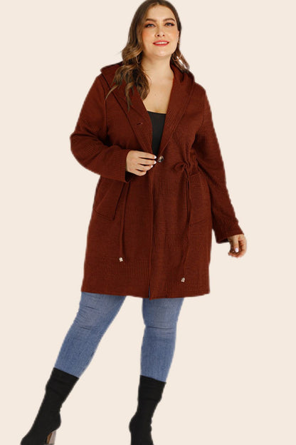 Plus Size Drawstring Waist Hooded Cardigan with Pockets-Angel Casuals