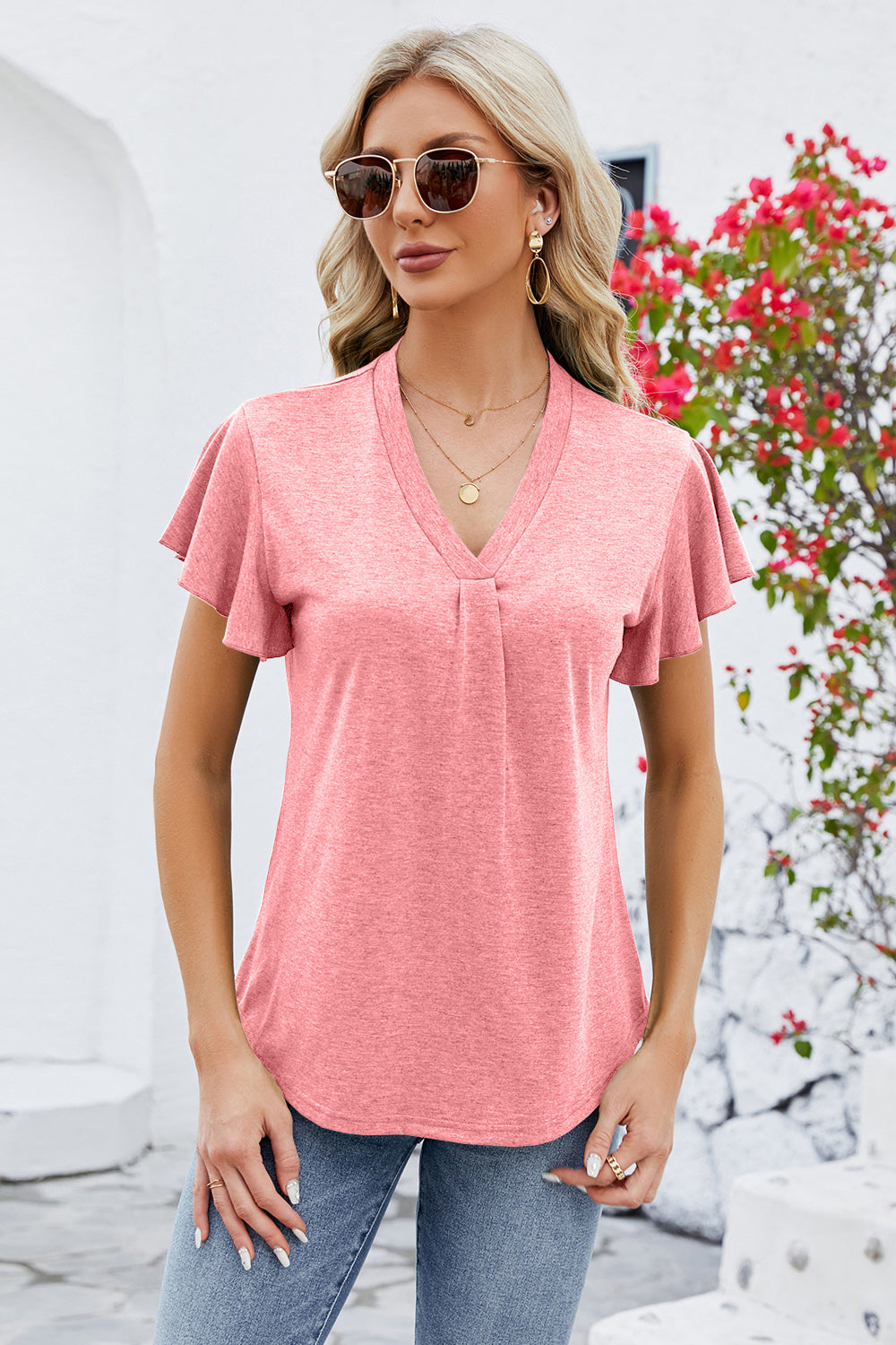 V-Neck Flutter Sleeve T-Shirt-Angel Casuals