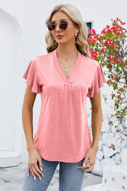 V-Neck Flutter Sleeve T-Shirt-Angel Casuals
