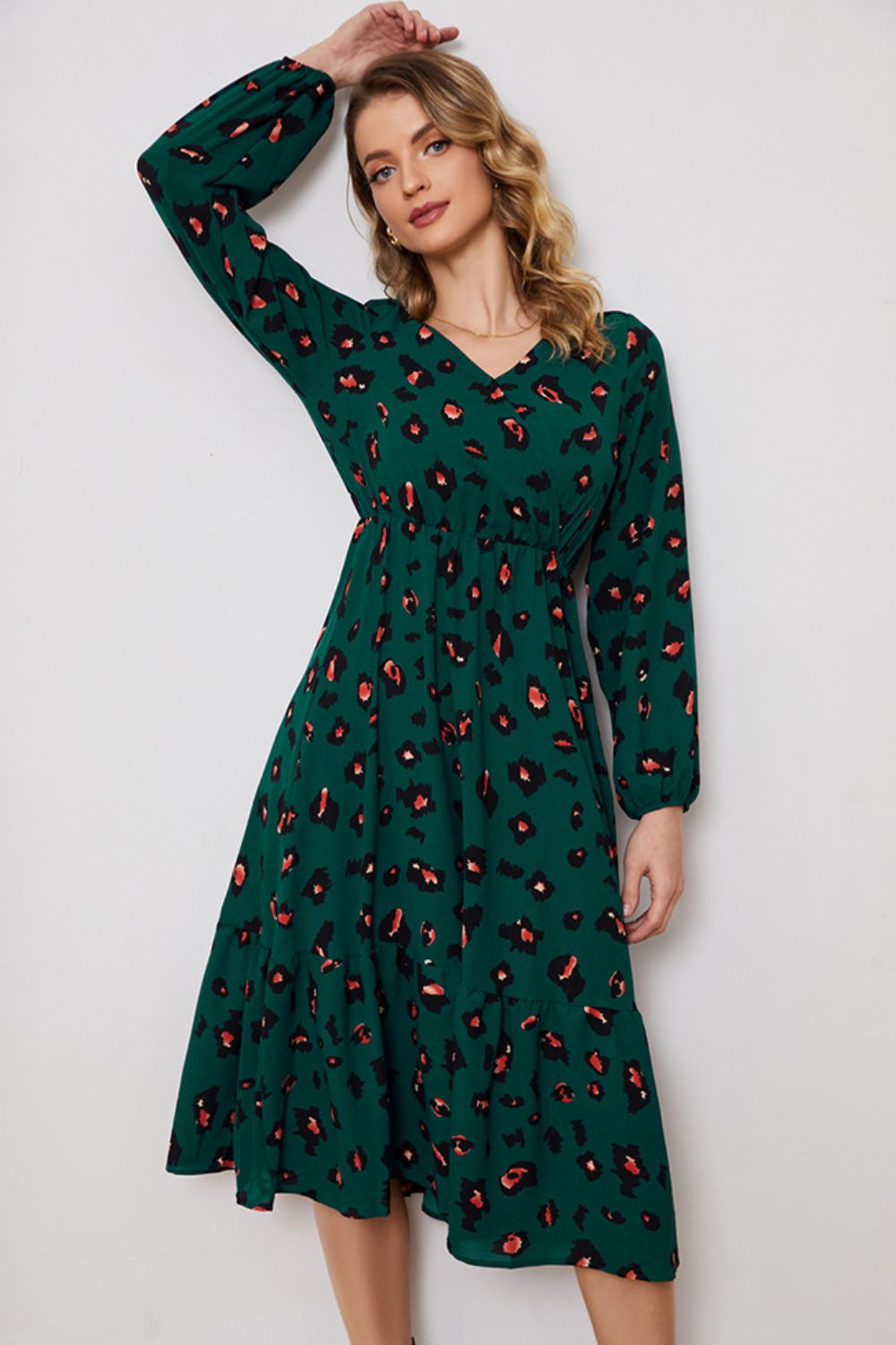 Printed Surplice Neck Long Sleeve Dress-Angel Casuals