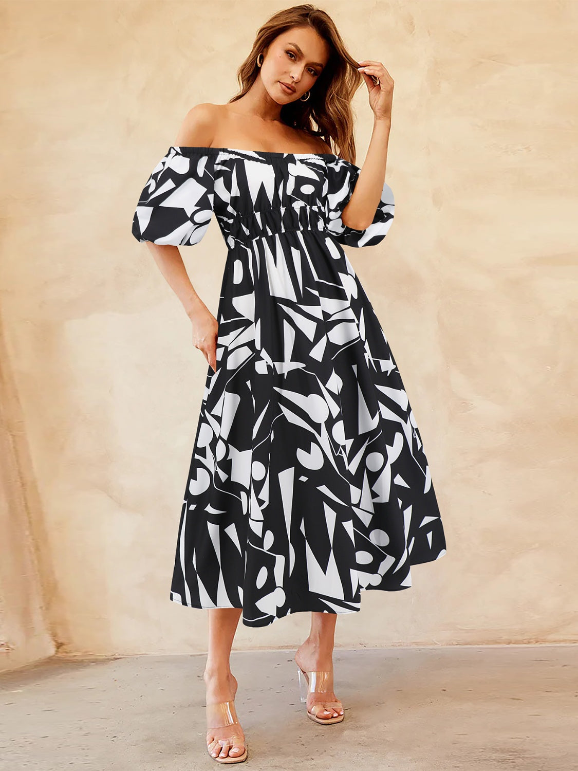 Printed Off-Shoulder Balloon Sleeve Dress-Angel Casuals