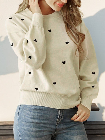 Perfee Heart Round Neck Long Sleeve Knit Top-Angel Casuals