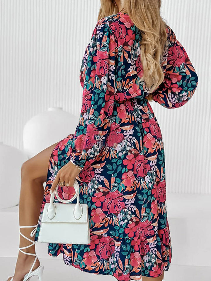 Printed Long Sleeve Slit Dress-Angel Casuals