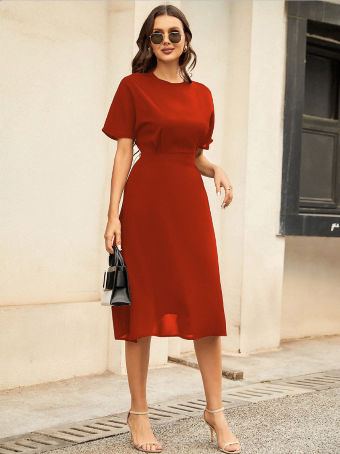 Round Neck Short Sleeve Midi Dress-Angel Casuals