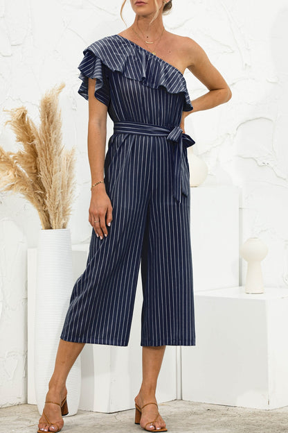 Ruffled Single Shoulder Tie Waist Jumpsuit-Angel Casuals