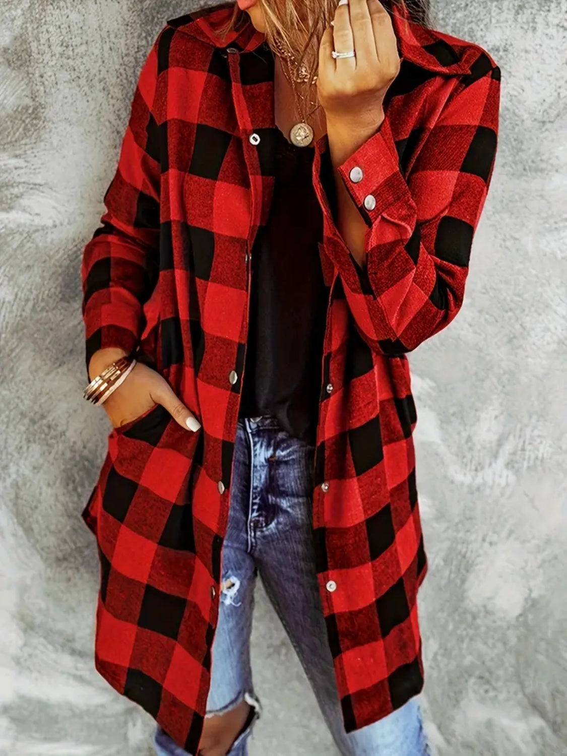 Plaid Collared Neck Snap Down Long Sleeve Jacket-Angel Casuals