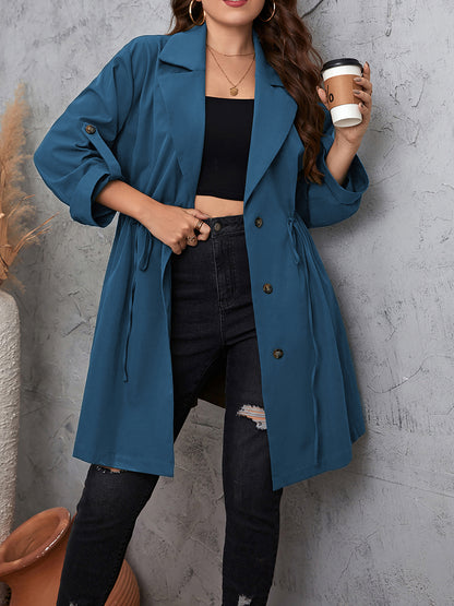 Honey Plus Size Lapel Collar Drawstring Roll-Tab Sleeve Trench Coat-Angel Casuals