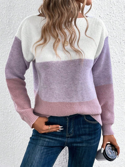 Color Block Drop Shoulder Long Sleeve Sweater-Angel Casuals