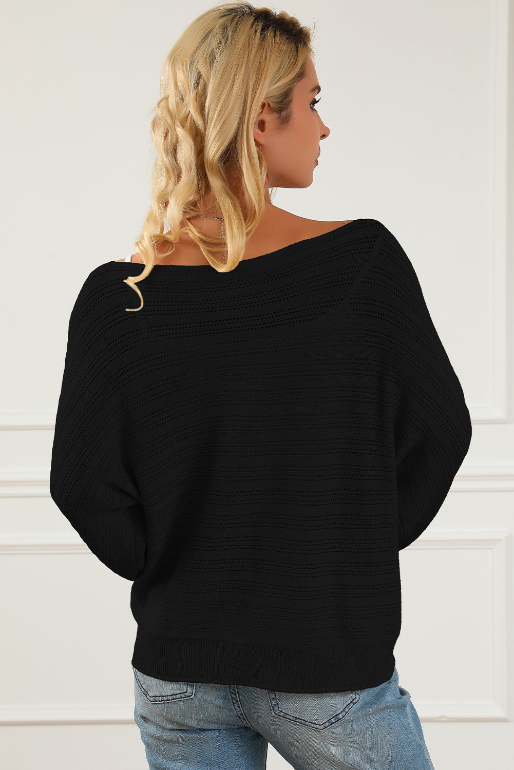 Openwork Boat Neck Lantern Sleeve Sweater-Angel Casuals