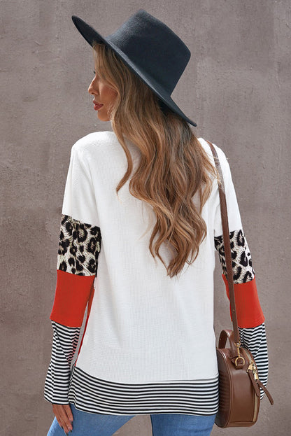 Waffle-Knit Leopard Round Neck Long Sleeve T-Shirt-Angel Casuals