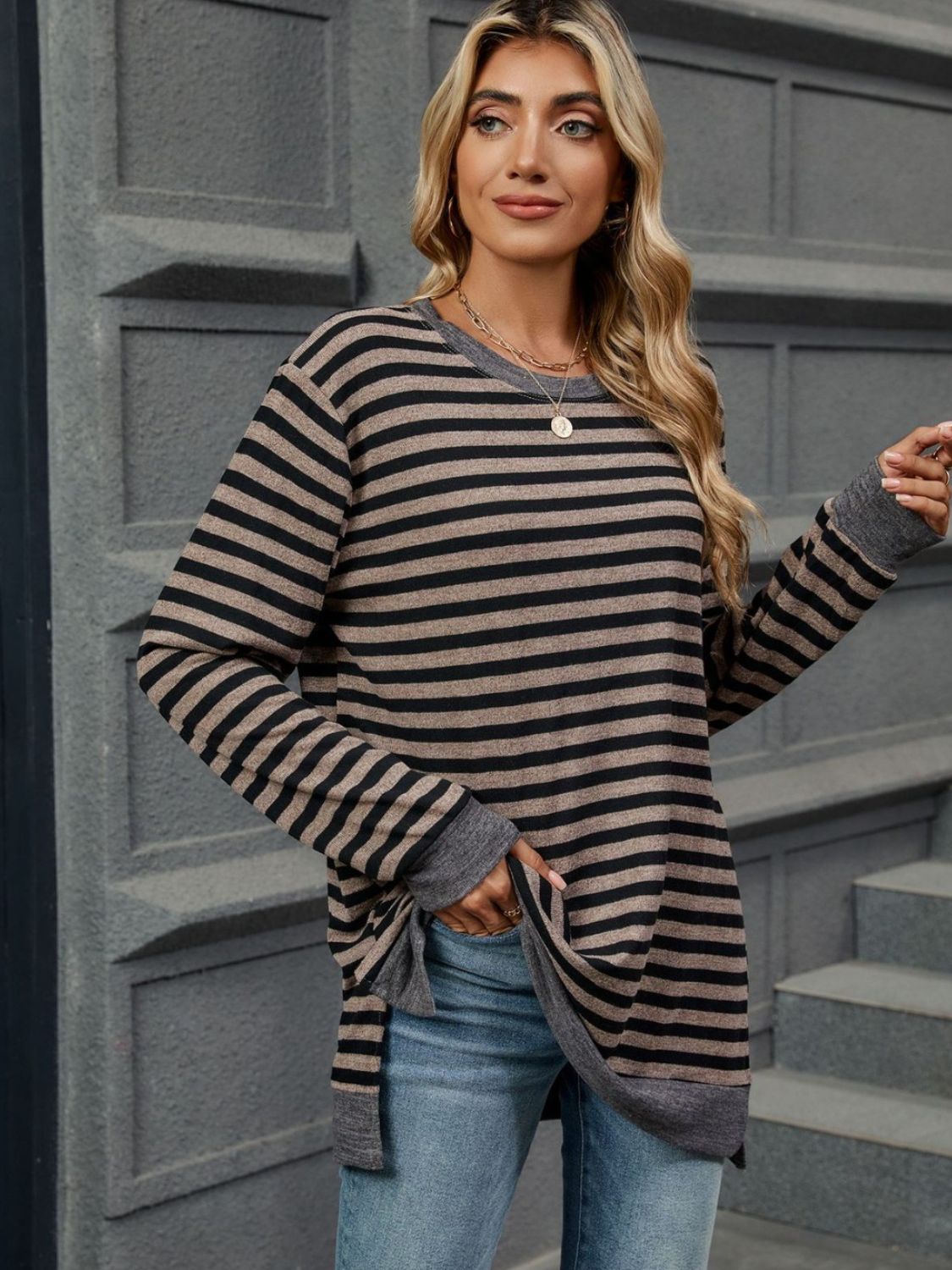 Striped Round Neck Long Sleeve T-Shirt-Angel Casuals