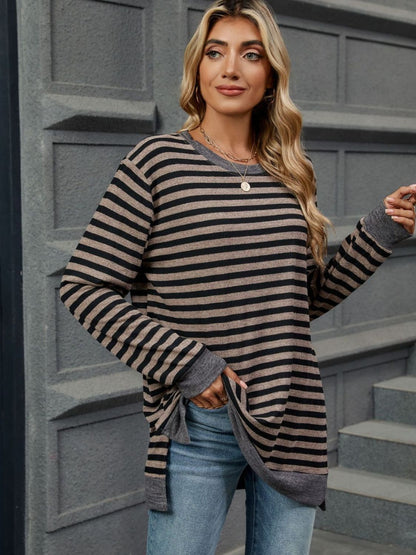 Striped Round Neck Long Sleeve T-Shirt-Angel Casuals