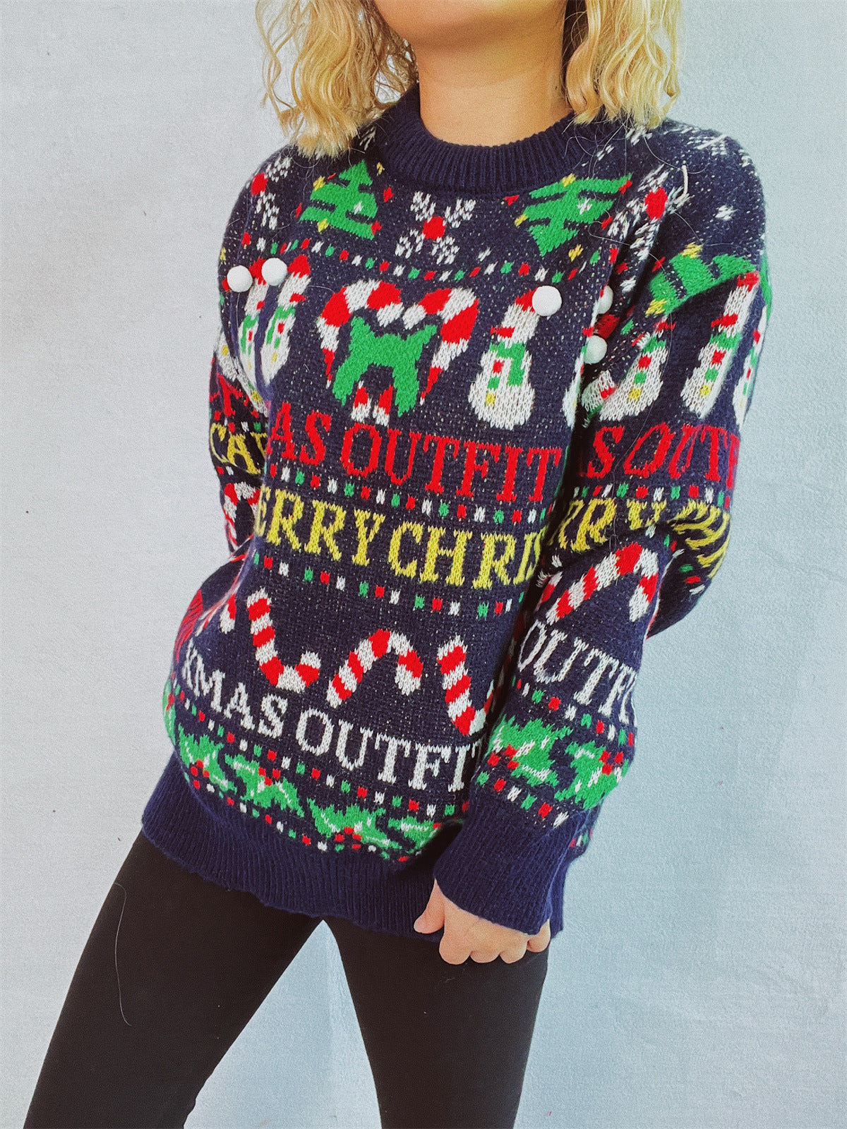 Christmas Pattern Round Neck Long Sleeve Sweater-Angel Casuals