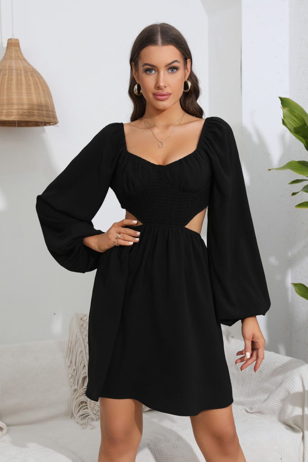 Cutout Long Balloon Sleeve Dress-Angel Casuals