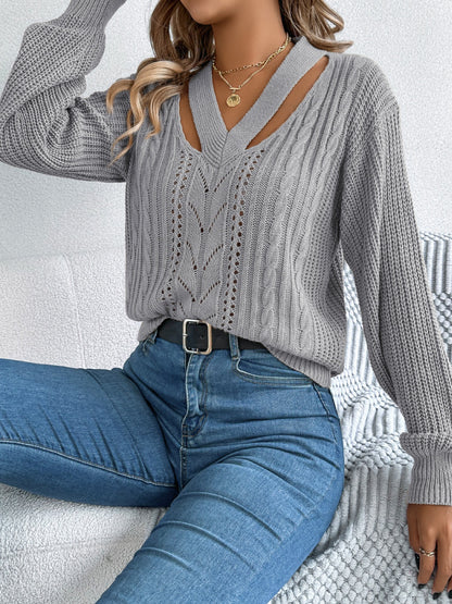 Cutout V-Neck Long Sleeve Sweater-Angel Casuals