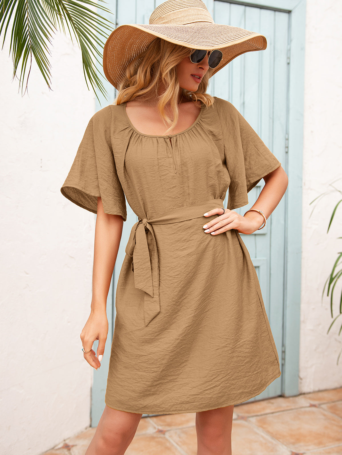 Tie Waist Flutter Sleeve Mini Dress-Angel Casuals