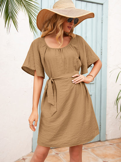 Tie Waist Flutter Sleeve Mini Dress-Angel Casuals