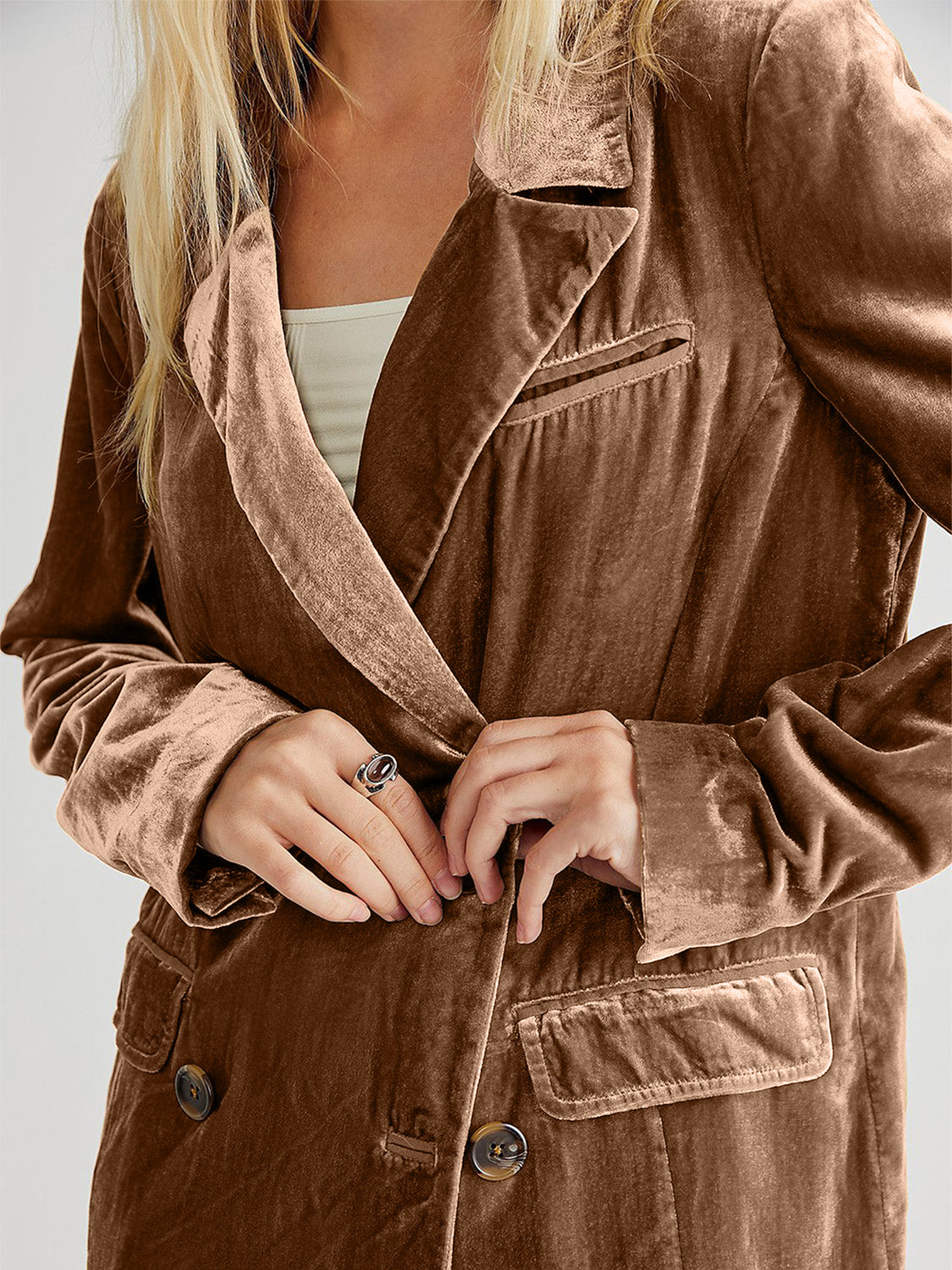 Lapel Collar Long Sleeve Blazer with Pockets-Angel Casuals