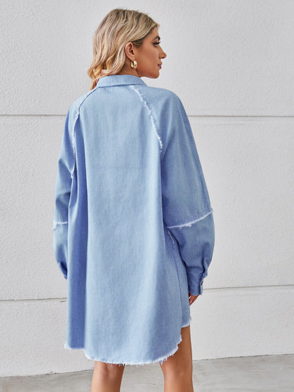 Raw Hem Button Up Denim Dress-Angel Casuals