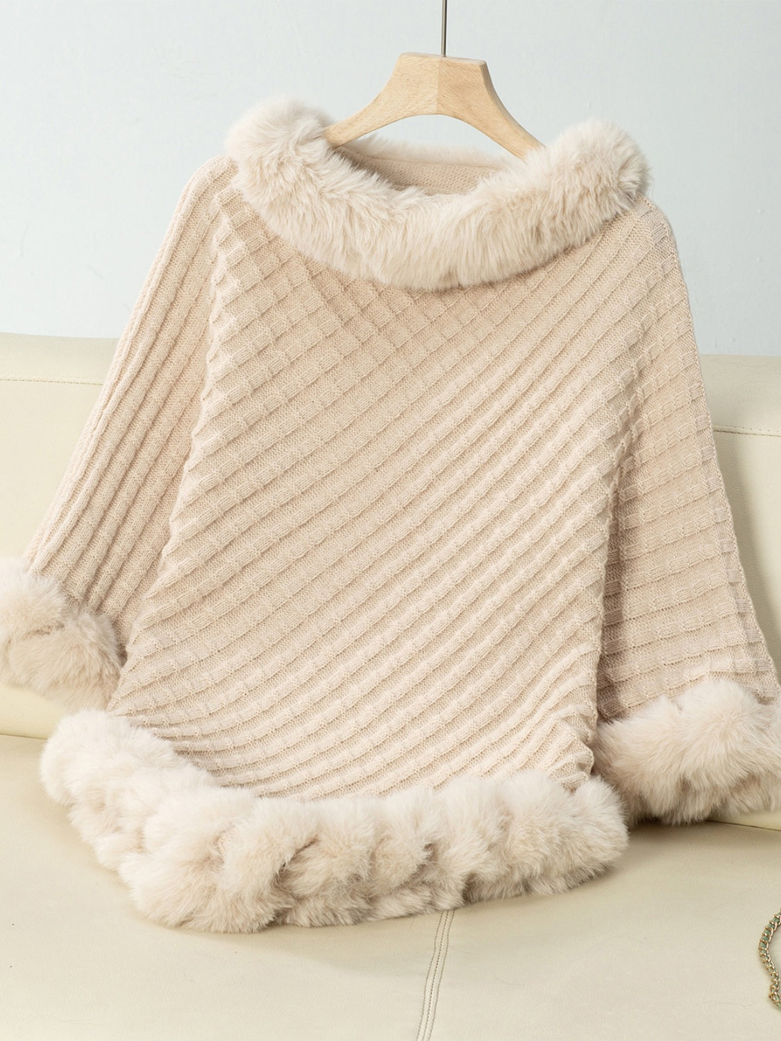 Fuzzy Trim Texture Three-Quarter Sleeve Poncho-Angel Casuals