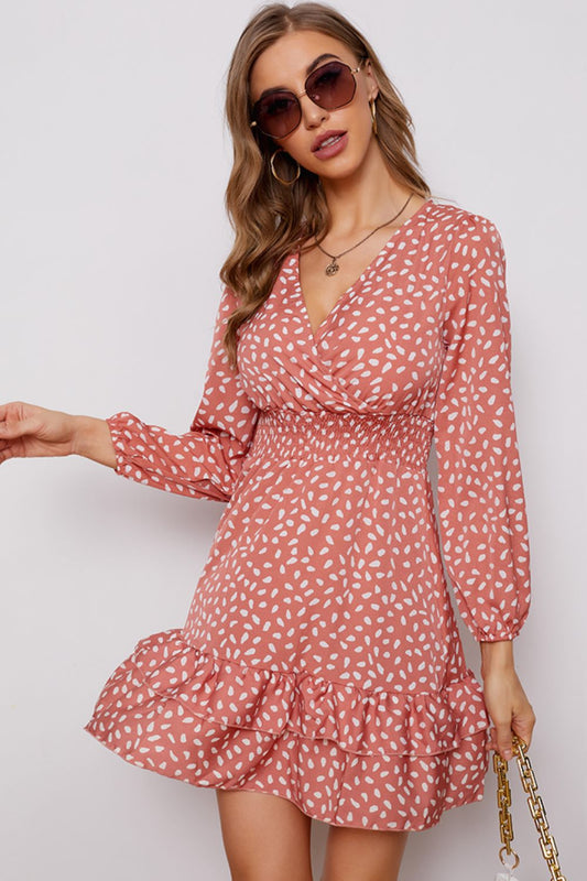 Printed Surplice Neck Puff Sleeve Ruffle Hem Dress-Angel Casuals