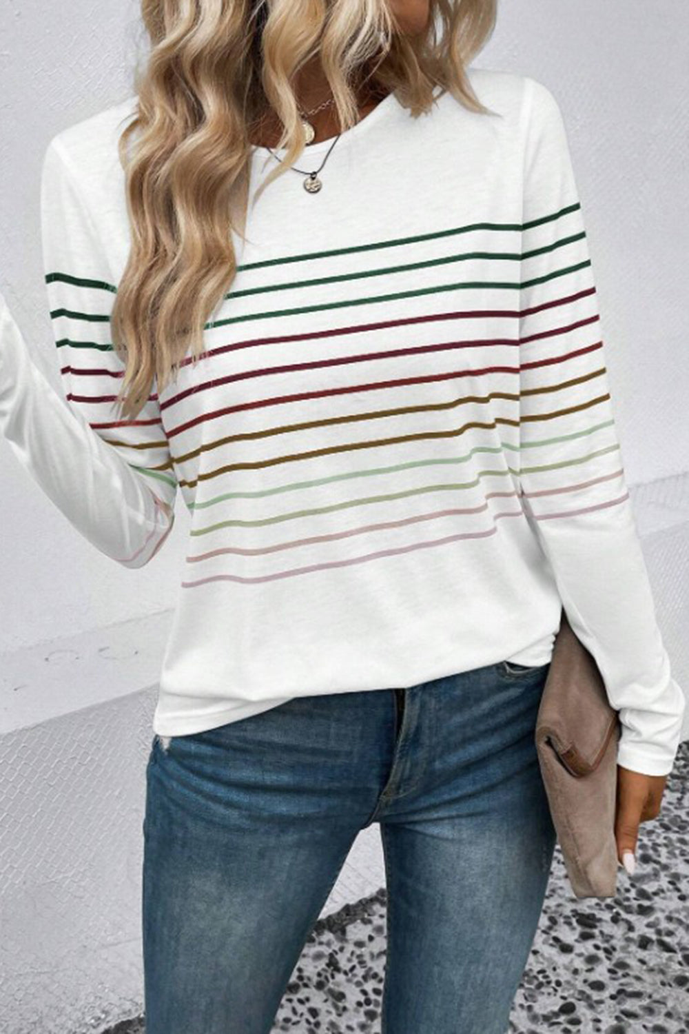 Striped Round Neck Long Sleeve T-Shirt-Angel Casuals