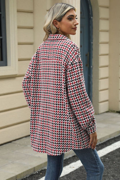 Houndstooth Button Up Dropped Shoulder Coat-Angel Casuals