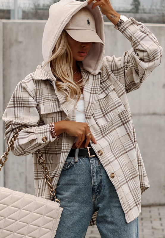 Plaid Removable Hood Button Up Shacket-Angel Casuals