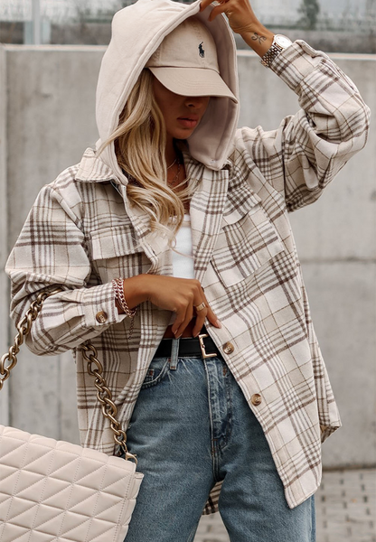 Plaid Removable Hood Button Up Shacket-Angel Casuals
