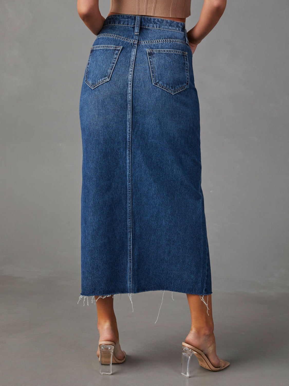 Slit Raw Hem Midi Denim Skirt-Angel Casuals