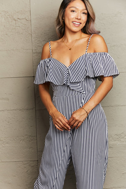 Striped Spaghetti Strap Cold-Shoulder Jumpsuit-Angel Casuals