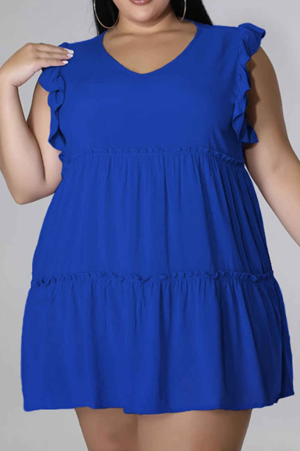 Plus Size V-Neck Frill Trim Mini Dress-Angel Casuals