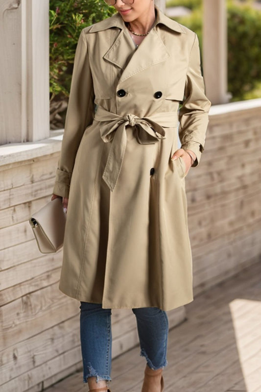 Collared Neck Tie Waist Buttoned Long Sleeve Trench Coat-Angel Casuals
