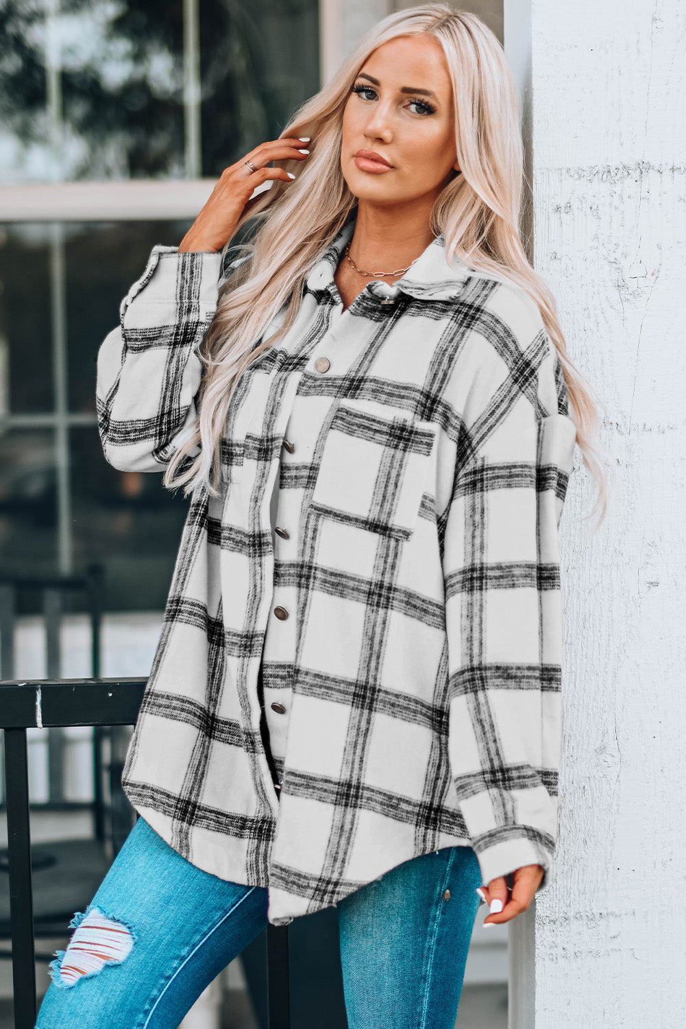 Plaid Curved Hem Dropped Shoulder Longline Shirt Jacket-Angel Casuals